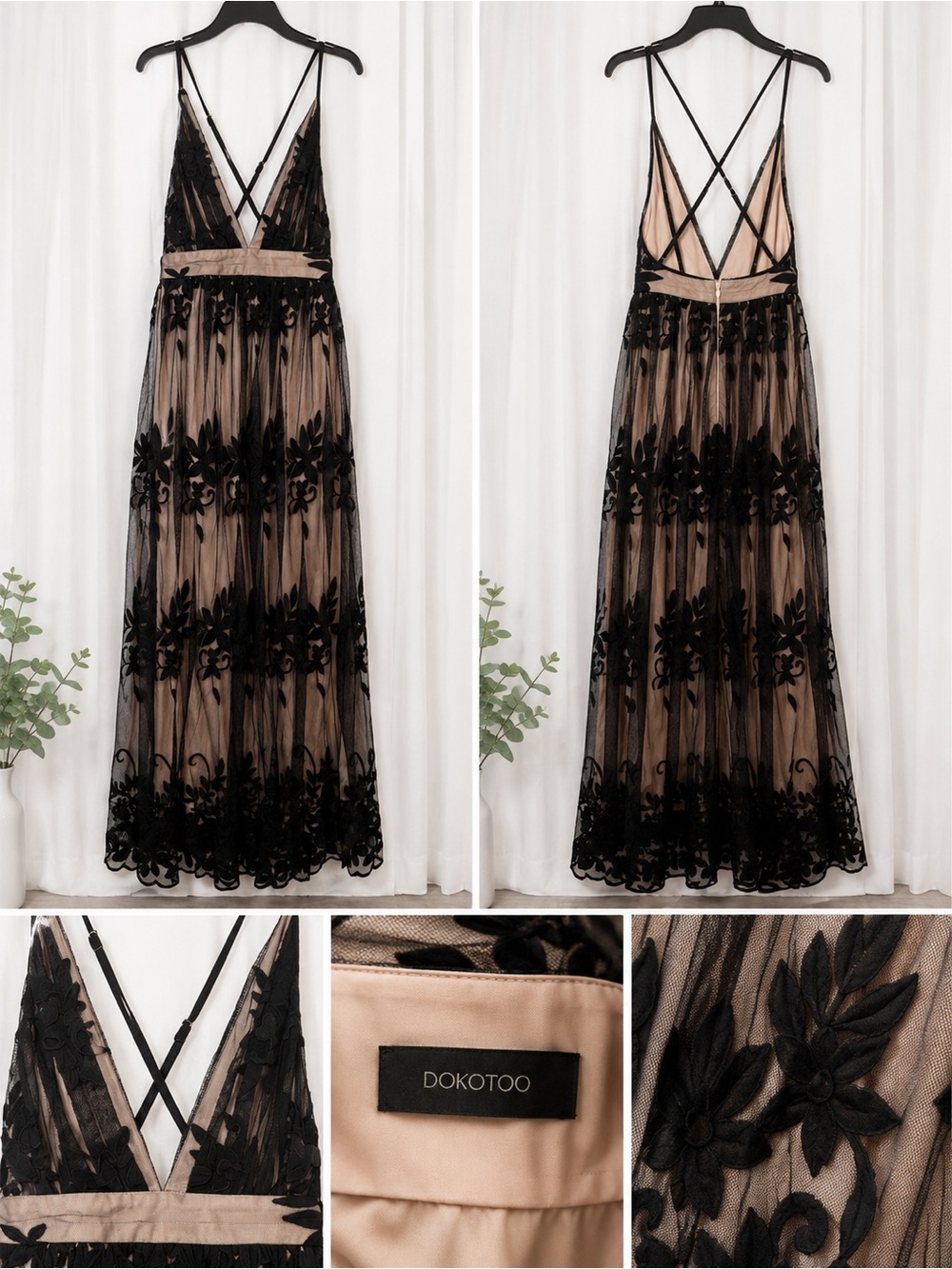 Dokotoo Black Floral Lace Mesh Maxi Dress Nude Lining Strappy Back, SZ M/L